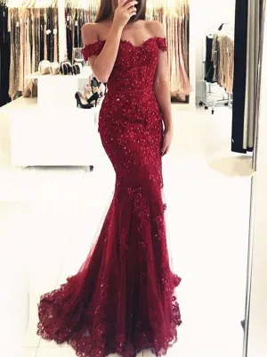 Custom Made Off Shoulder Mermaid Burgundy Lace Prom Dress, Burgundy Lace Bridesmaid Dress, Formal Dress