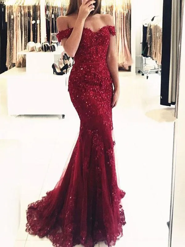 Custom Made Off Shoulder Mermaid Burgundy Lace Prom Dress, Burgundy Lace Bridesmaid Dress, Formal Dress