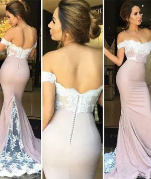 Custom Made Off Shoulder Mermaid Lace Pink Long Prom Dresses, Evening Dresses, Lace Bridesmaid Dresses