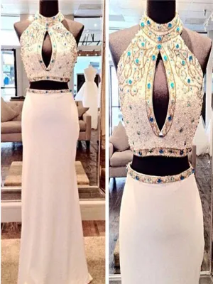 Custom Made Round Neck 2 Pieces Mermaid White Prom Dresses, 2 Pieces White Formal Dresses