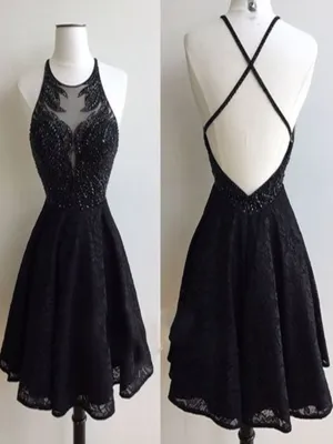 Custom Made Round Neck Backless Short Black Lace Prom Dresses, Short Black Lace Formal Dresses