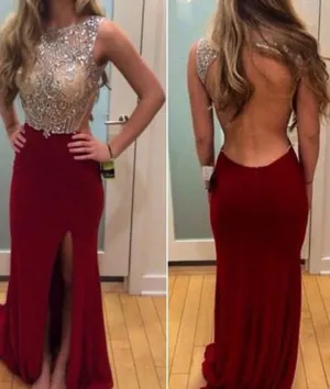 Custom Made Round Neck Sequins Mermaid Backless Red Prom Dresses, Red Formal Dresses