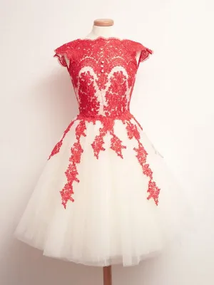 Custom Made Round Neck White And Red Lace Prom Dresses, Lace Formal Dresses
