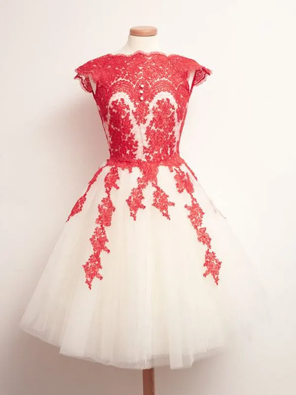Custom Made Round Neck White And Red Lace Prom Dresses, Lace Formal Dresses