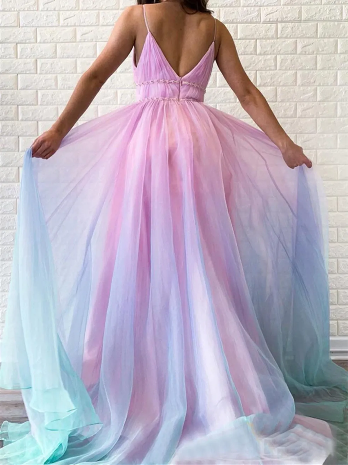 Custom Made V Neck Ombre Spaghetti Straps Sleeveless Tulle Long Prom Dresses, Multi Color V Neck Back Formal Evening Dresses