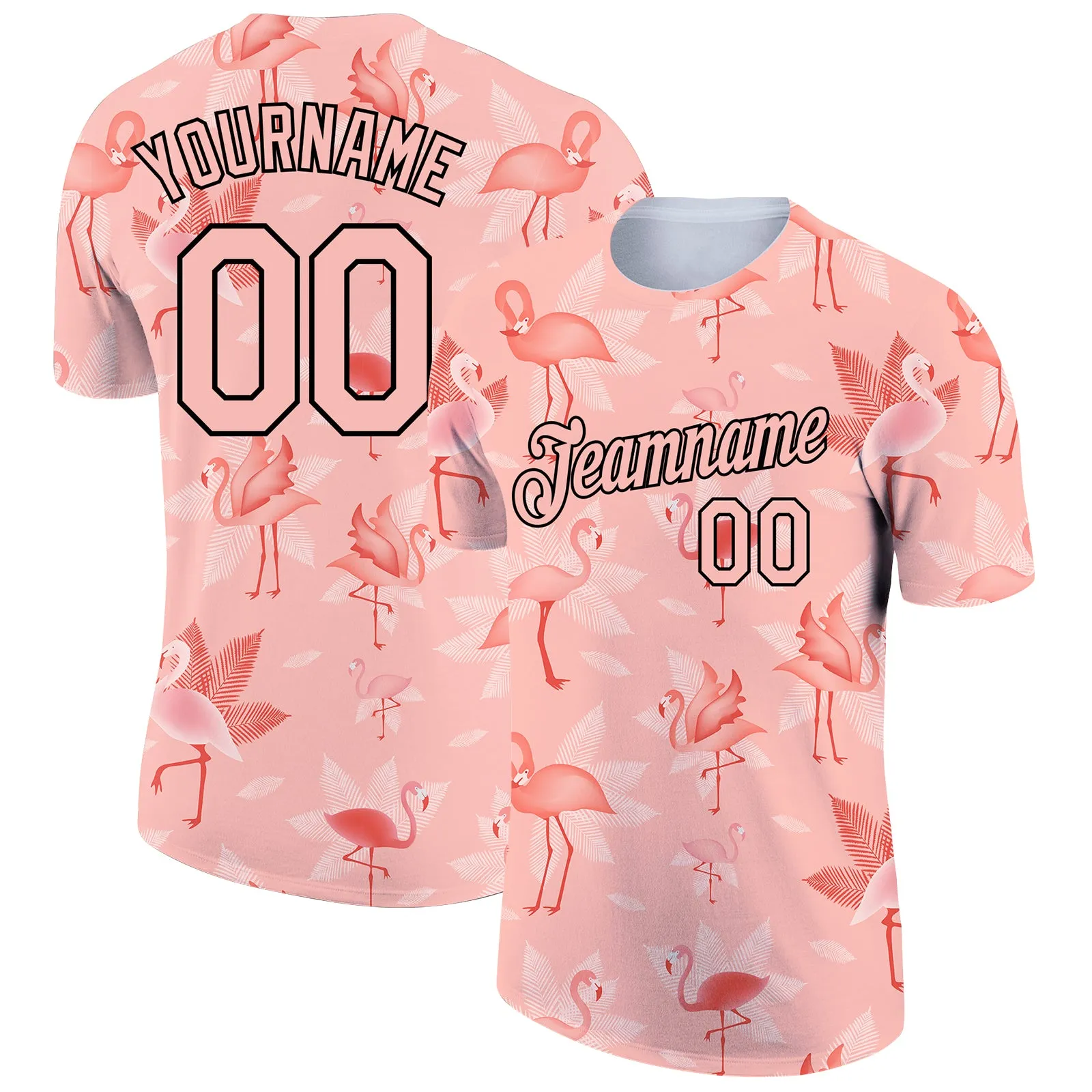 Custom Medium Pink Black 3D Pattern Design Tropical Hawaii Flamingo Performance T-Shirt
