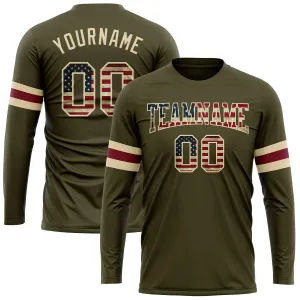 Custom Olive Vintage USA Flag-Cream Long Sleeve Performance Salute To Service T-Shirt