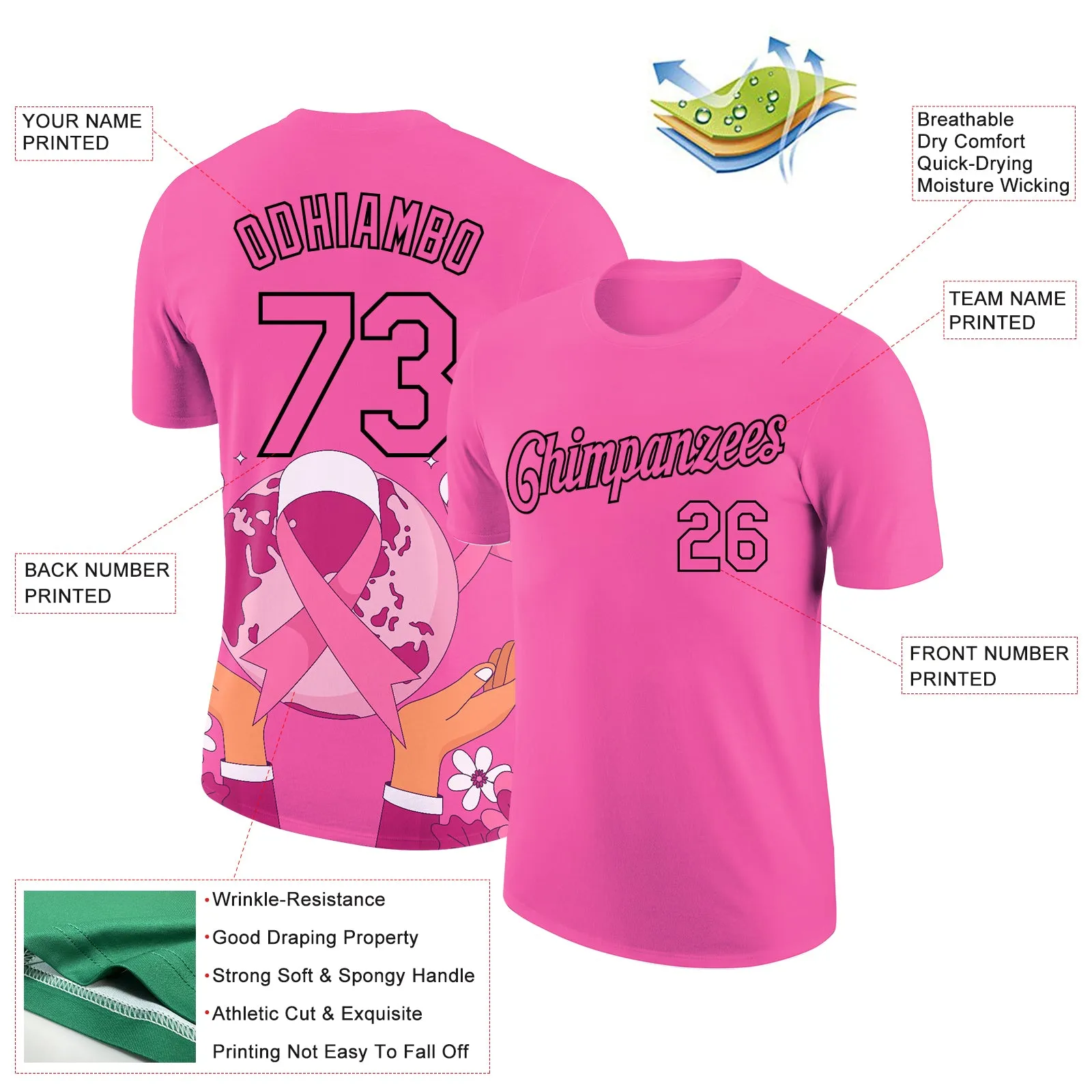 Custom Pink Black 3D Pink Ribbon Breast Cancer Performance T-Shirt