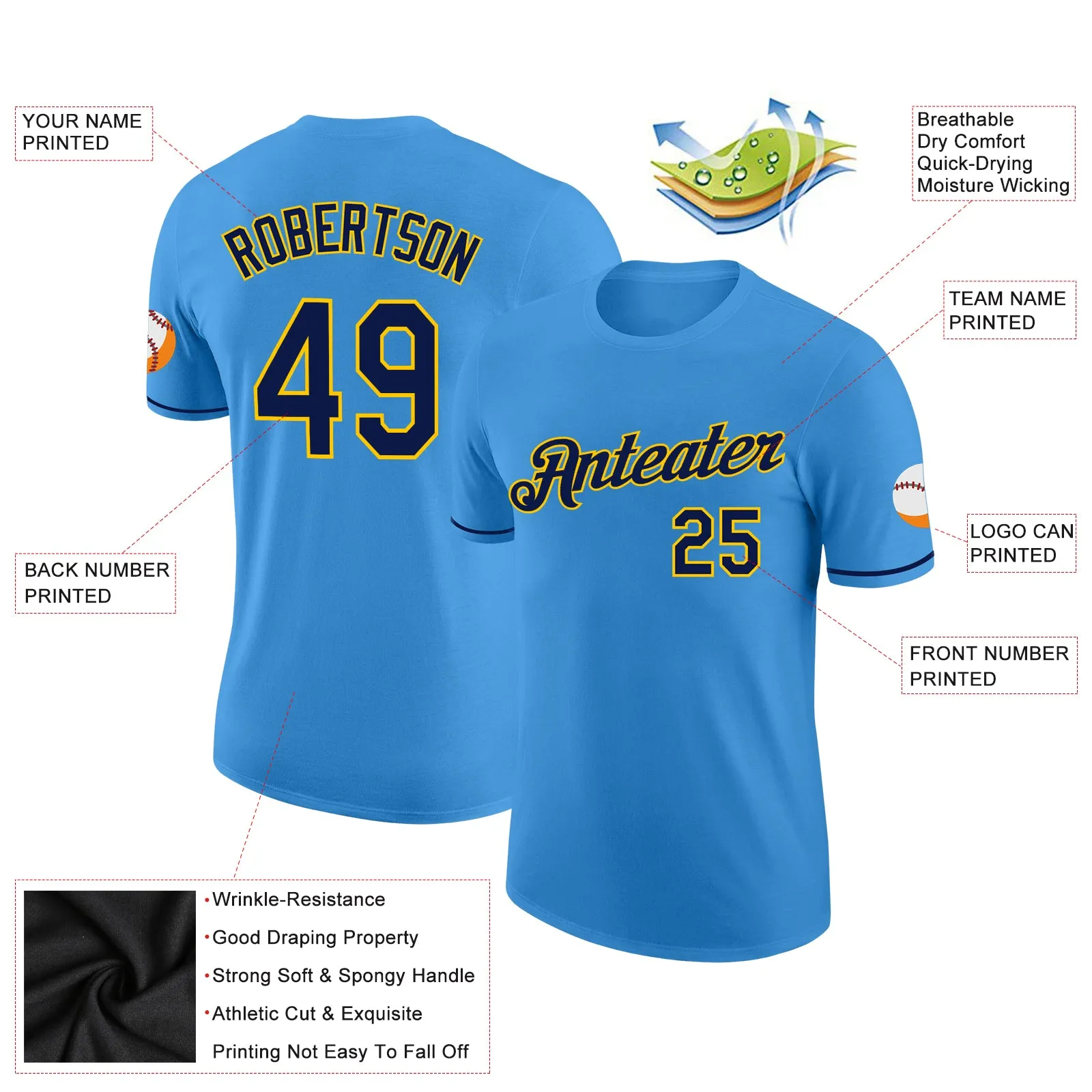Custom Powder Blue Navy-Yellow Performance T-Shirt