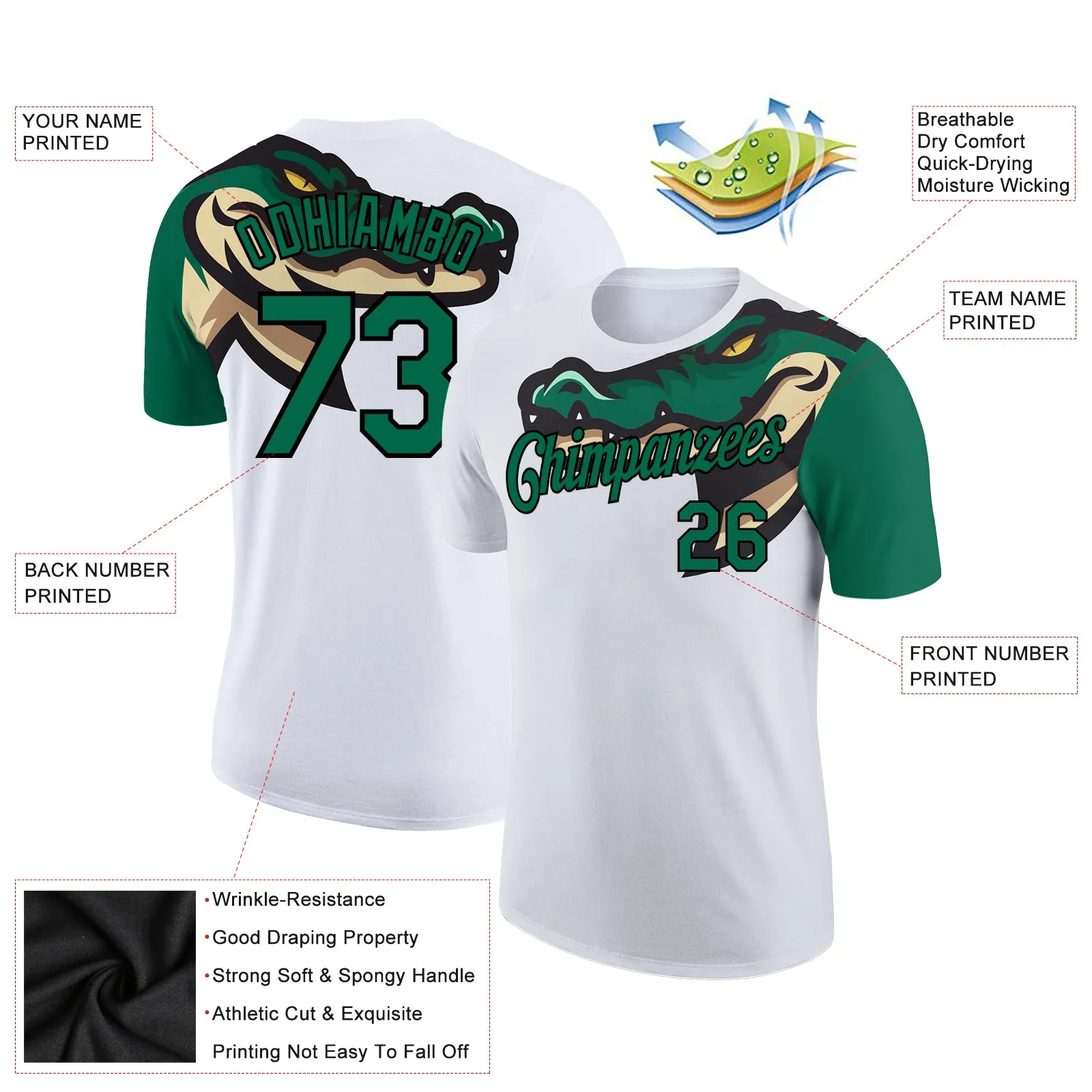 Custom White Kelly Green-Black 3D Pattern Design Crocodile Performance T-Shirt