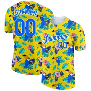 Custom Yellow Royal-White 3D Pattern Design Tropical Hawaii Plant With Bird Performance T-Shirt