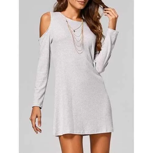 Cut Out Ribbed Casual Tunic Jumper Dress - Light Gray L