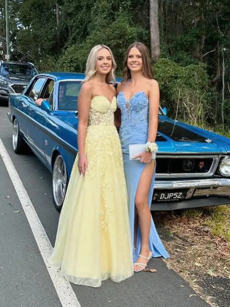 Cute A Line Sweetheart Neck Yellow Lace Prom Dresses, Sweetheart Neck Yellow Lace Tulle Long Formal Evening Dresses