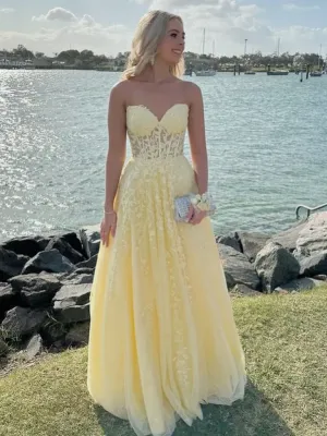 Cute A Line Sweetheart Neck Yellow Lace Prom Dresses, Sweetheart Neck Yellow Lace Tulle Long Formal Evening Dresses
