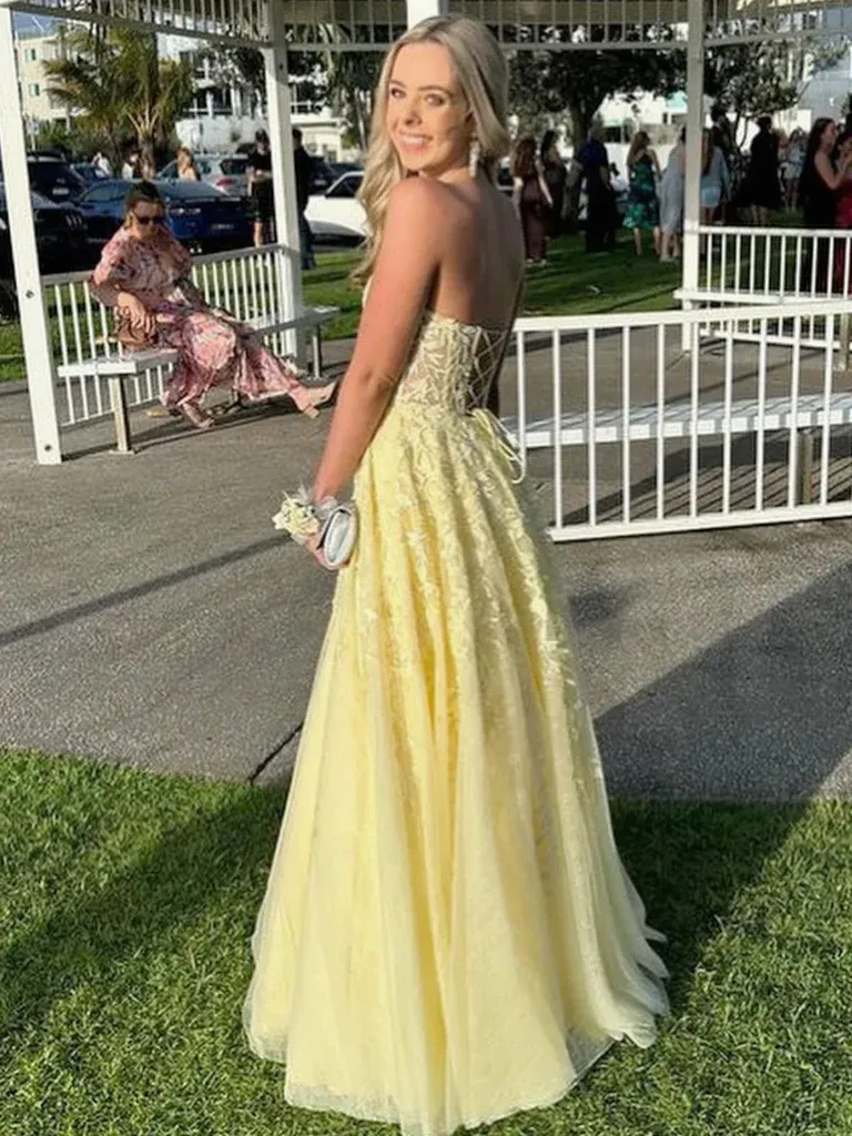 Cute A Line Sweetheart Neck Yellow Lace Prom Dresses, Sweetheart Neck Yellow Lace Tulle Long Formal Evening Dresses