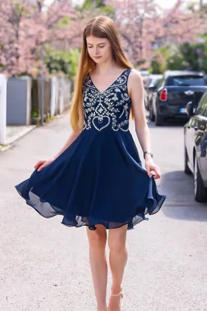 Cute A Line V Neck Beaded Navy Blue Short Prom Dresses Homecoming Dresses, Navy Blue Formal Dresses, Graduation Dresses