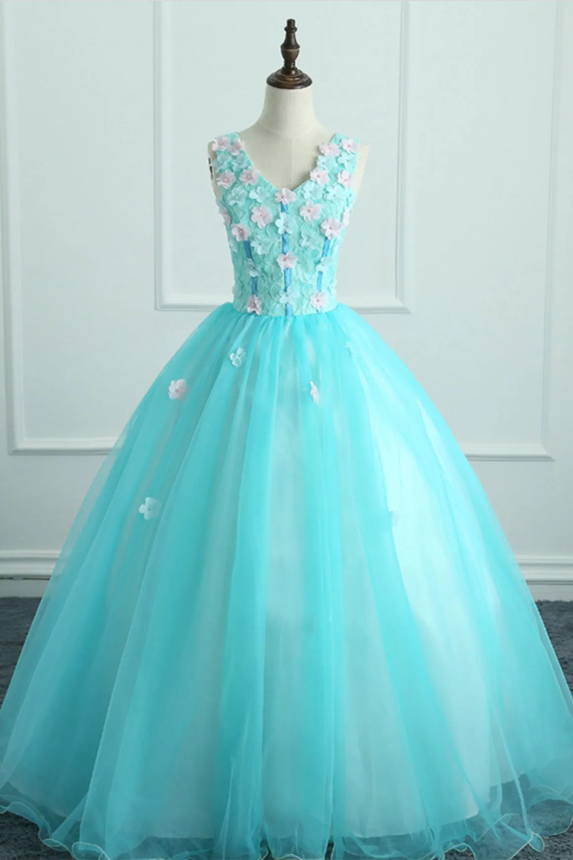 Cute A Line V Neck Blue Tulle 3D Flower Long Sweet Prom Dresses OHC488