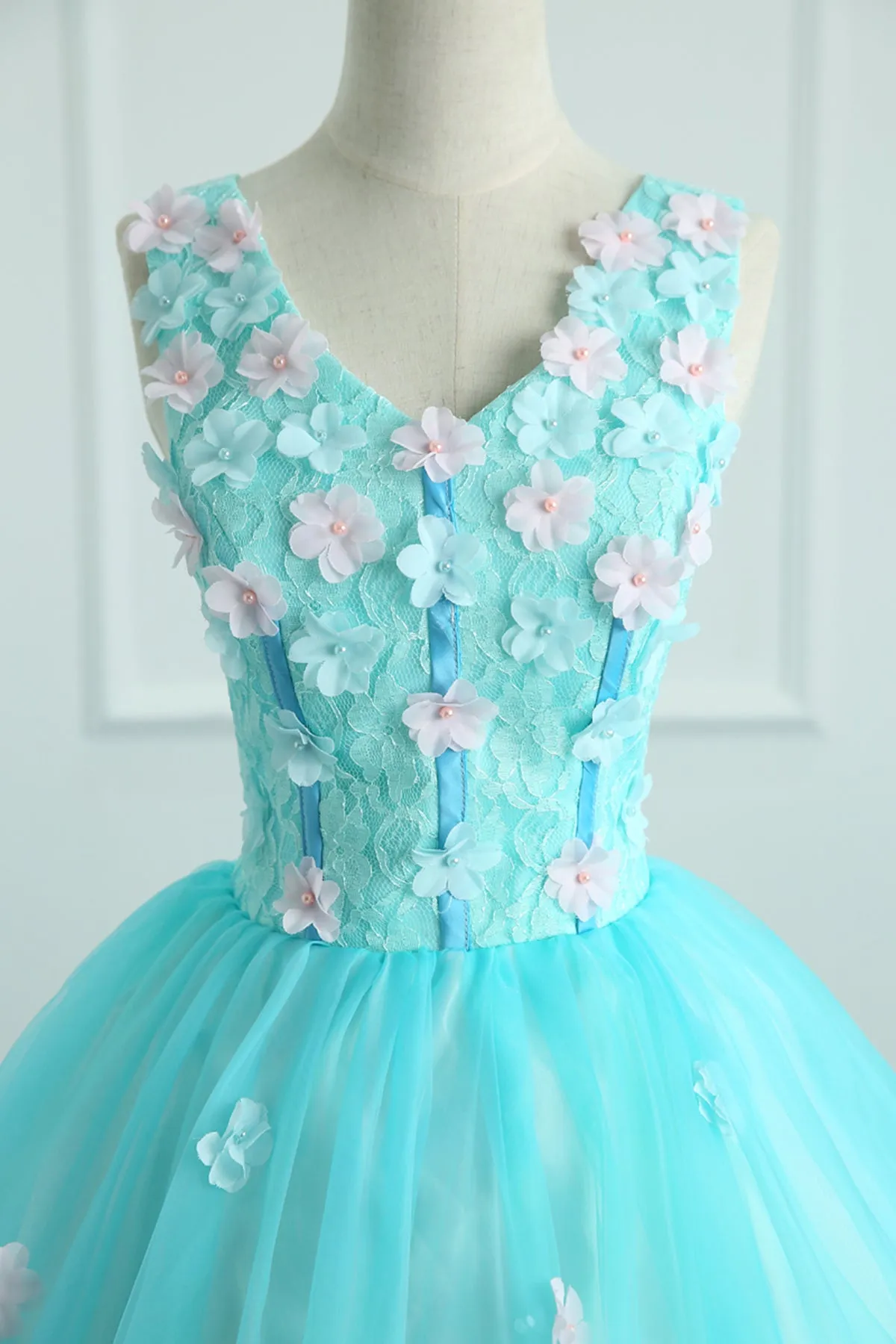 Cute A Line V Neck Blue Tulle 3D Flower Long Sweet Prom Dresses OHC488