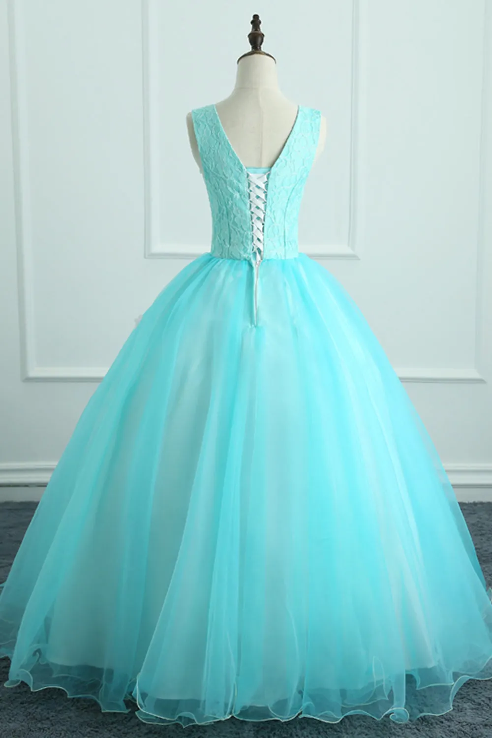Cute A Line V Neck Blue Tulle 3D Flower Long Sweet Prom Dresses OHC488