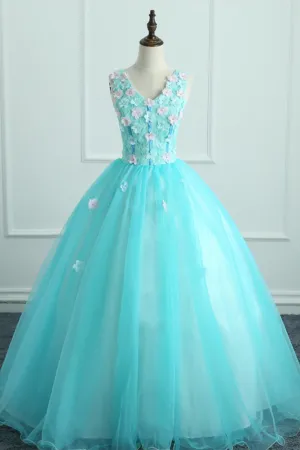 Cute A Line V Neck Blue Tulle 3D Flower Long Sweet Prom Dresses OHC488