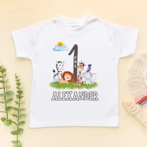 Cute Animals First Birthday Personalised Name T Shirt