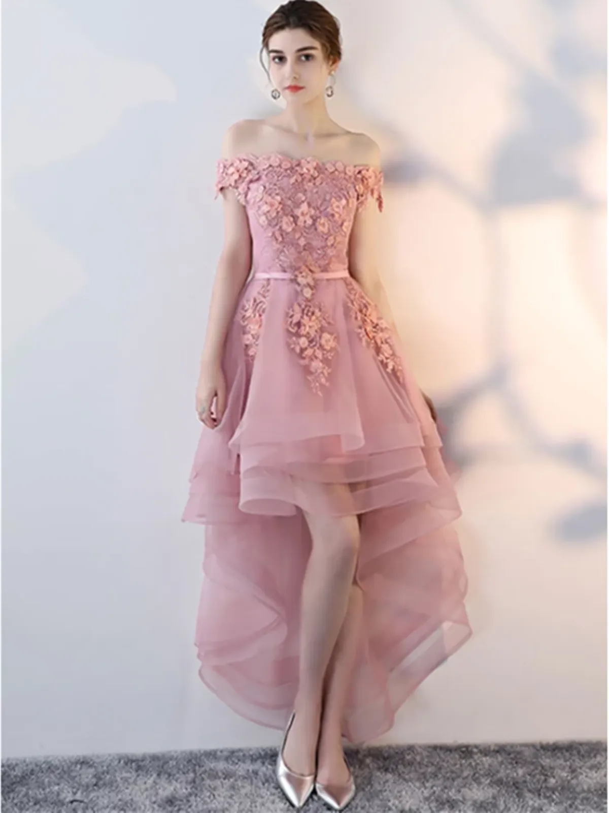 Cute Lace Tulle Short Prom Dress,  Pink/Burgundy High Low Evening Dress