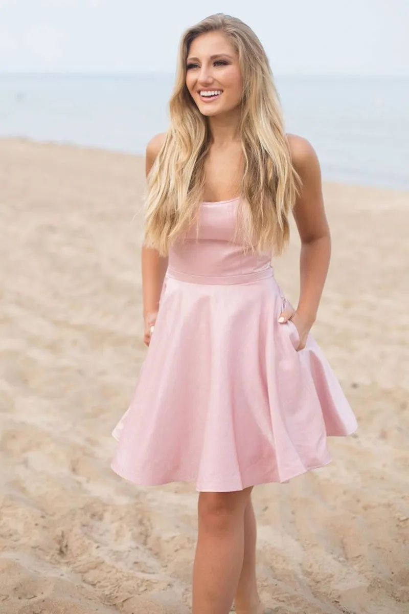 Cute Short Pink Prom Dress with Pocket, Short Pink Formal Graduation Homecoming Dress, Pink Cocktail Dress