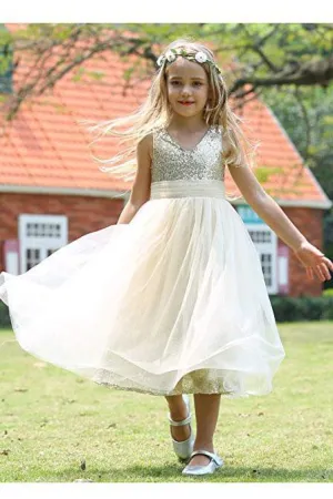 Cute Sleeveless Sweetheart Sequins Tulle Straps Flower Girl Dresses OHR011