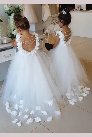 Cute  Tulle Backless Flower Girl Dresses  Pearl Lace Baby Dresses OHR014