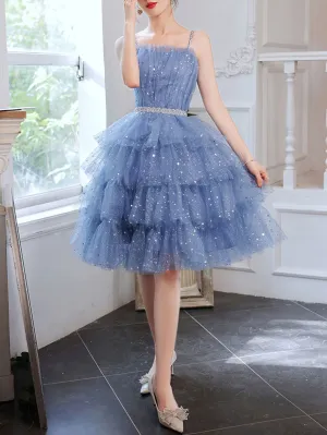 Cute tulle blue homecoming dress, short blue prom dress