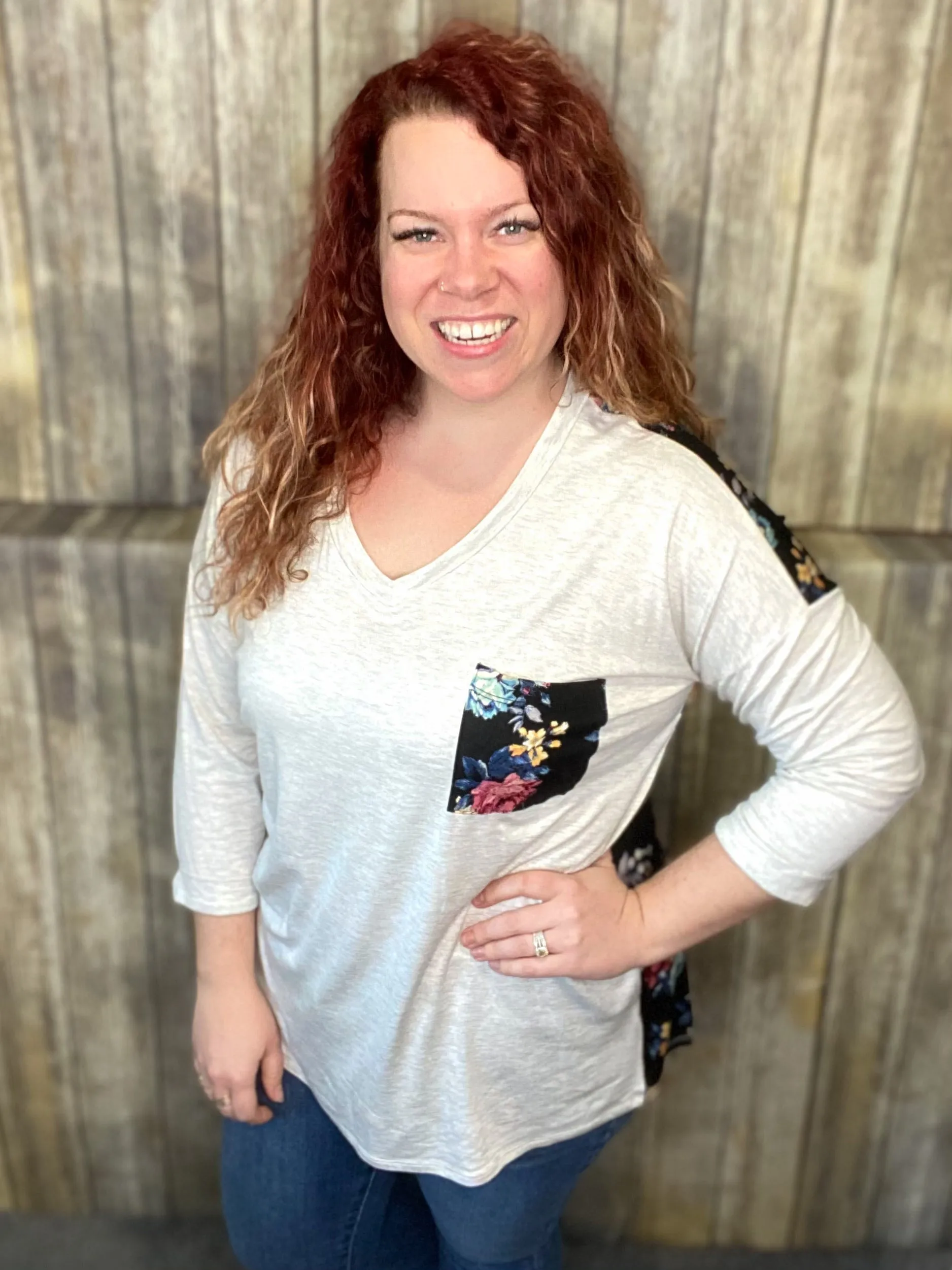 Dancing in the Moon Light Top- Floral and Grey 3/4 sleeve