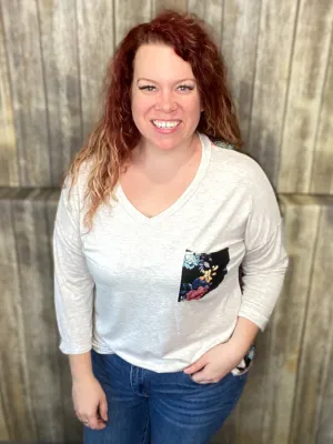 Dancing in the Moon Light Top- Floral and Grey 3/4 sleeve