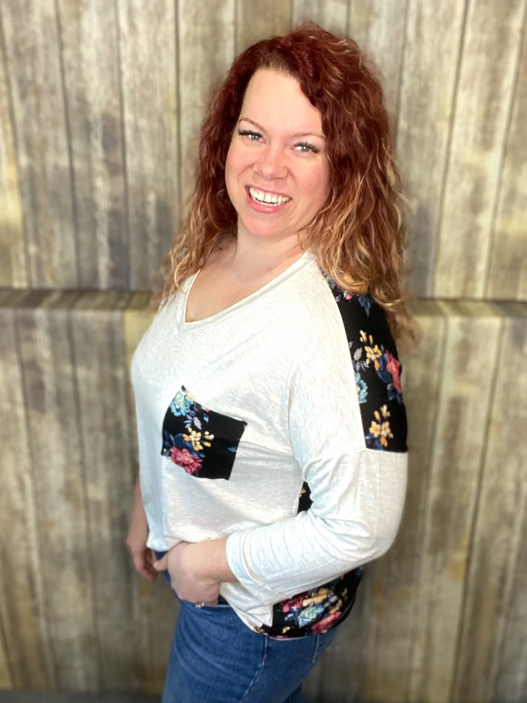 Dancing in the Moon Light Top- Floral and Grey 3/4 sleeve