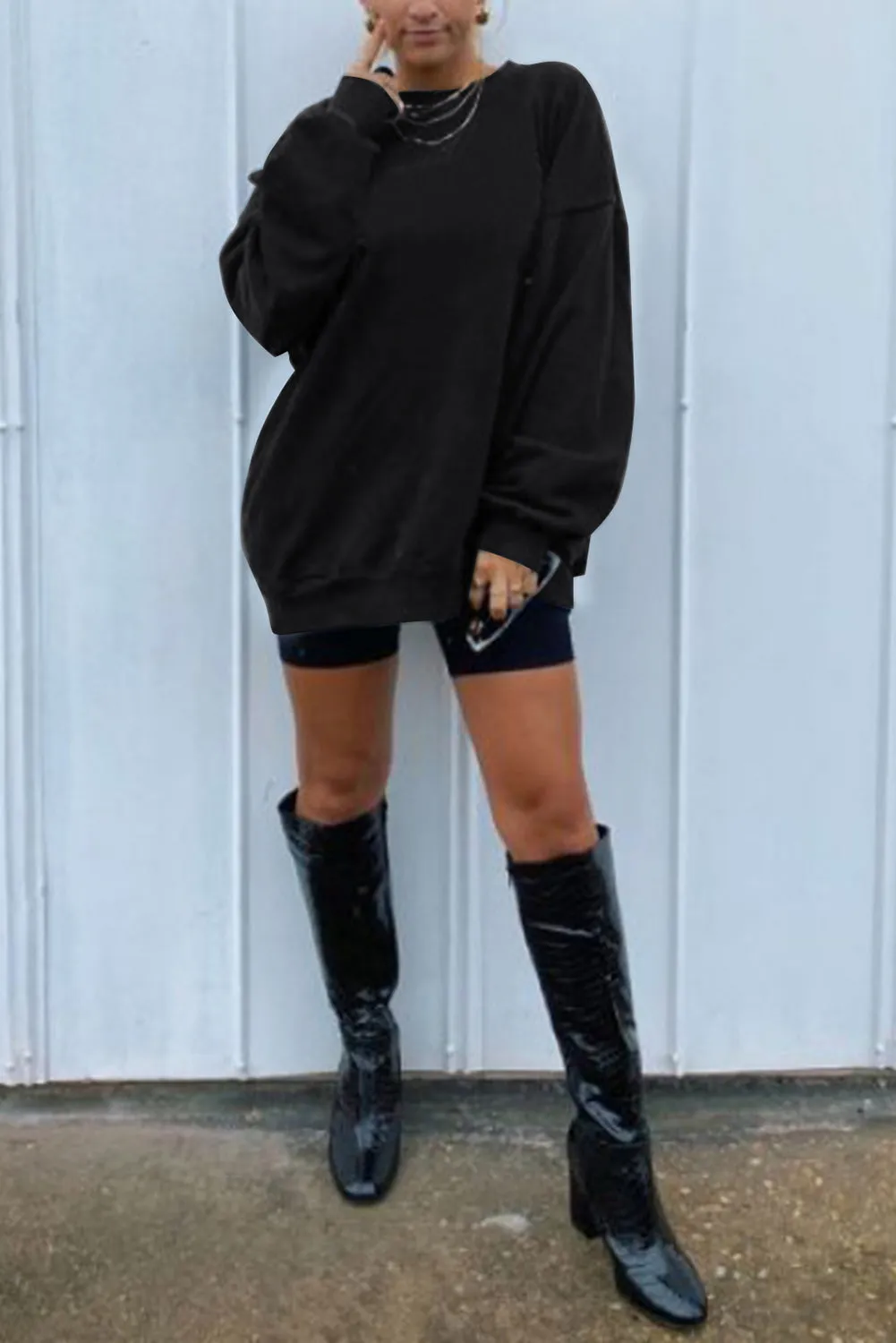Dark Blue Oversized Solid Drop Shoulder Sweatshirt