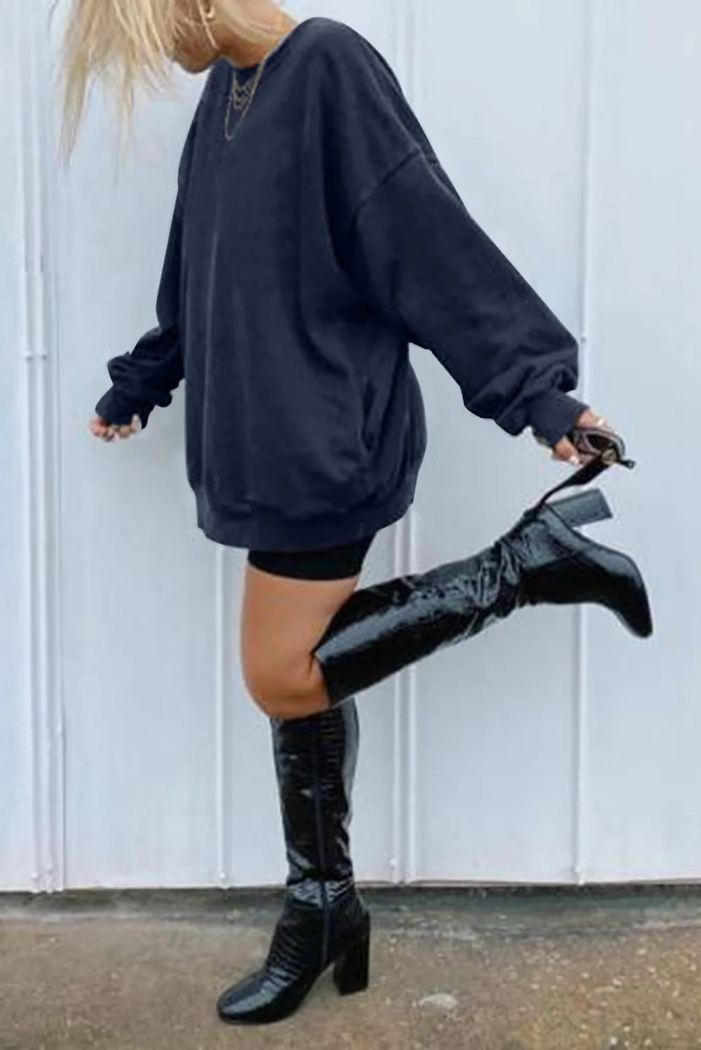 Dark Blue Oversized Solid Drop Shoulder Sweatshirt