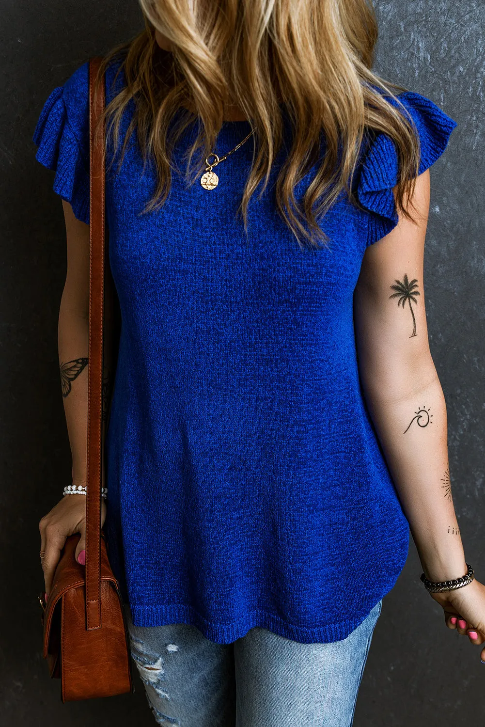 Dark Blue Ruffle Sleeve Knitted Sweater Top
