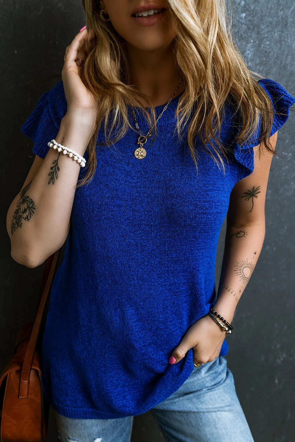 Dark Blue Ruffle Sleeve Knitted Sweater Top