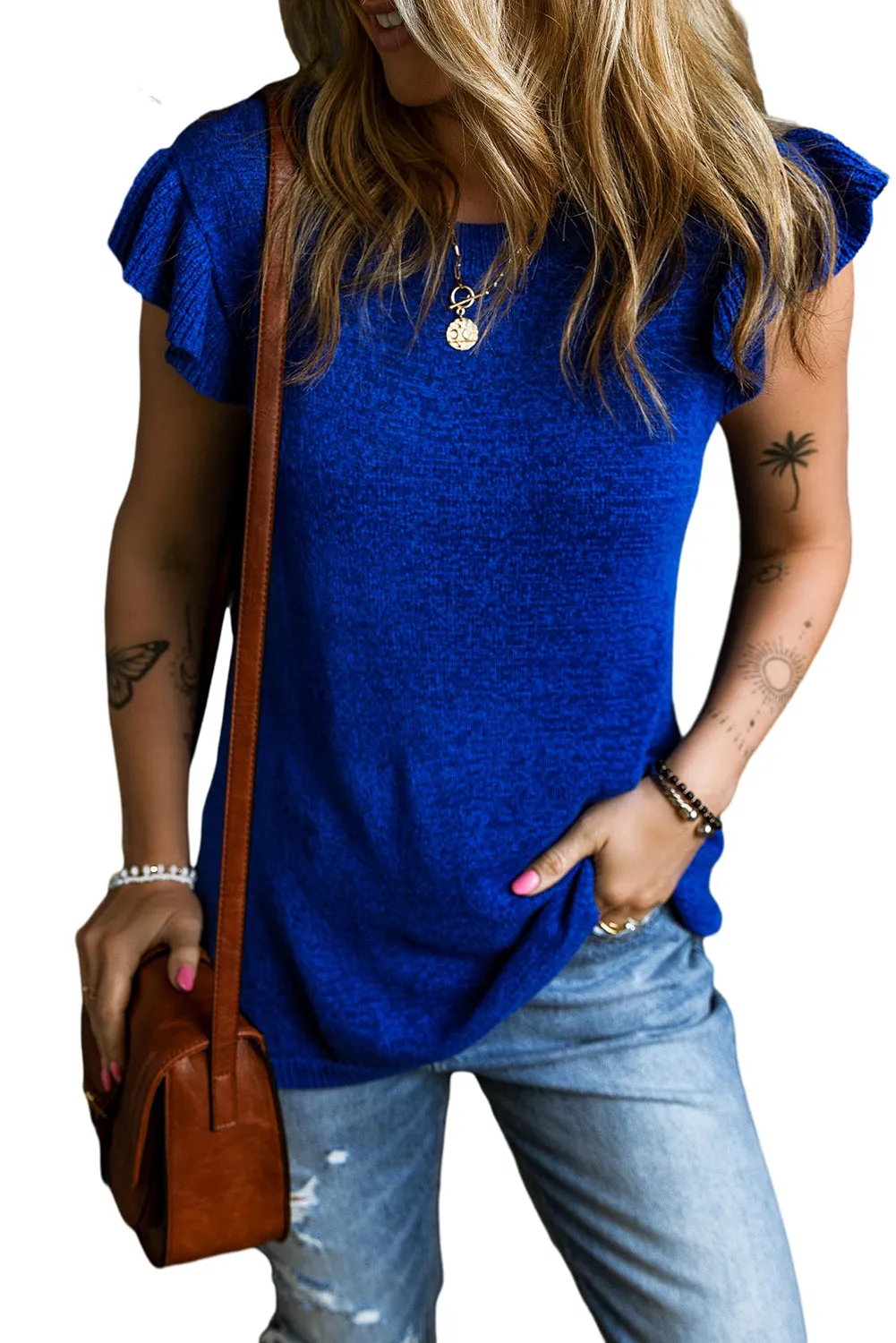 Dark Blue Ruffle Sleeve Knitted Sweater Top