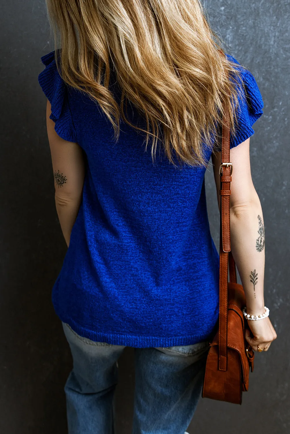 Dark Blue Ruffle Sleeve Knitted Sweater Top
