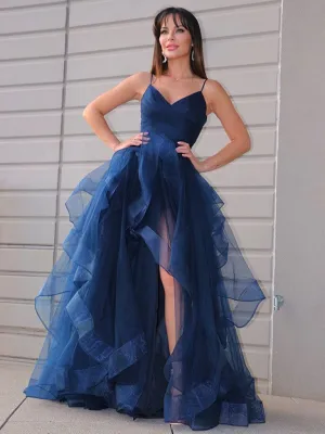 Dark Navy Blue V Neck Prom Dresses, Dar Navy Blue Long Formal Graduation Dresses