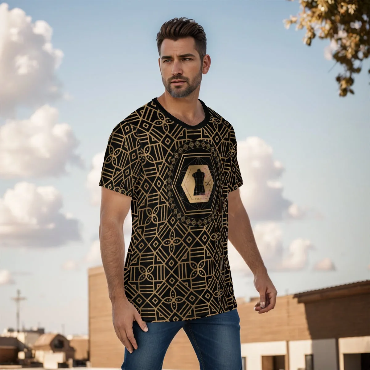 Decoration Gold Black O-Neck T-Shirt