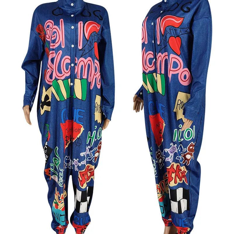Denim Letter Print Oversized Hip Hop Long Sleeve Harem Pants Jumpsuit
