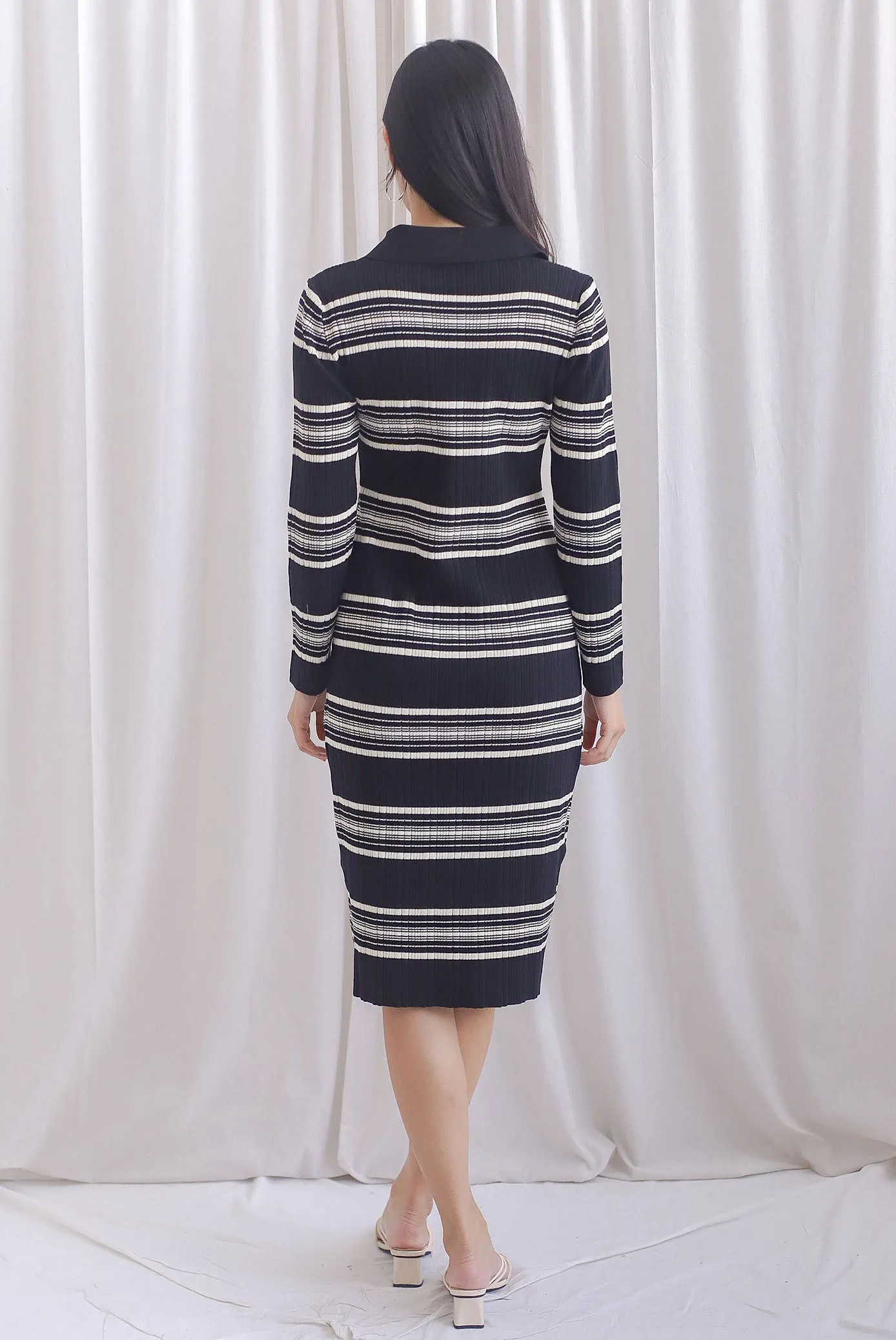Denver Stripes Polo Knit Dress In Black