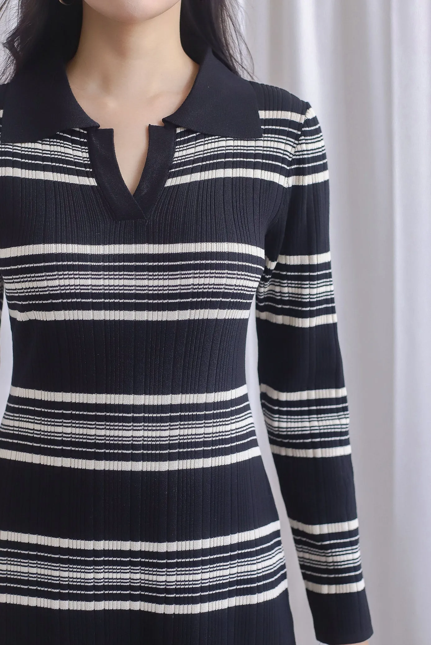 Denver Stripes Polo Knit Dress In Black