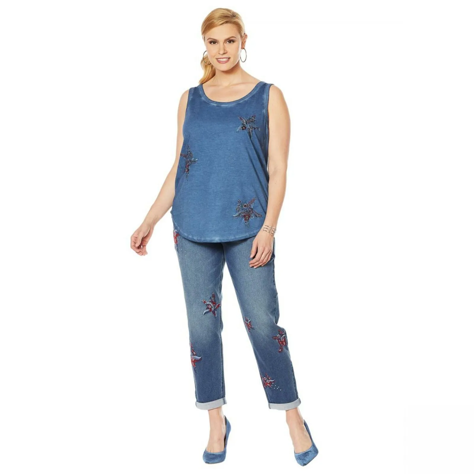 DG2 by Diane Gilman Women's Embroidered Star Tank Navy Blue Plus 1X