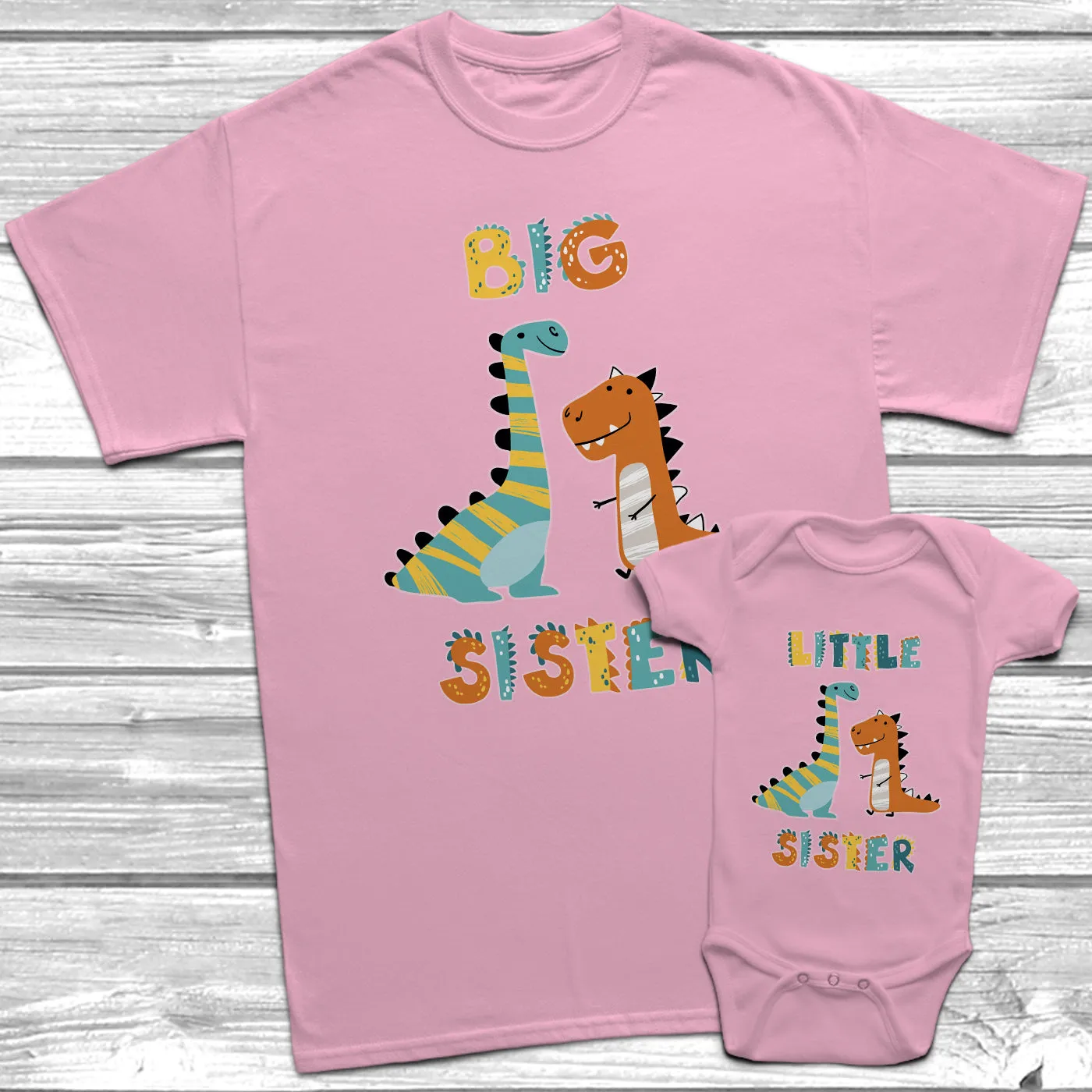 Dinosaur Big Sister Little Sister Pink T-Shirt Baby Grow Set