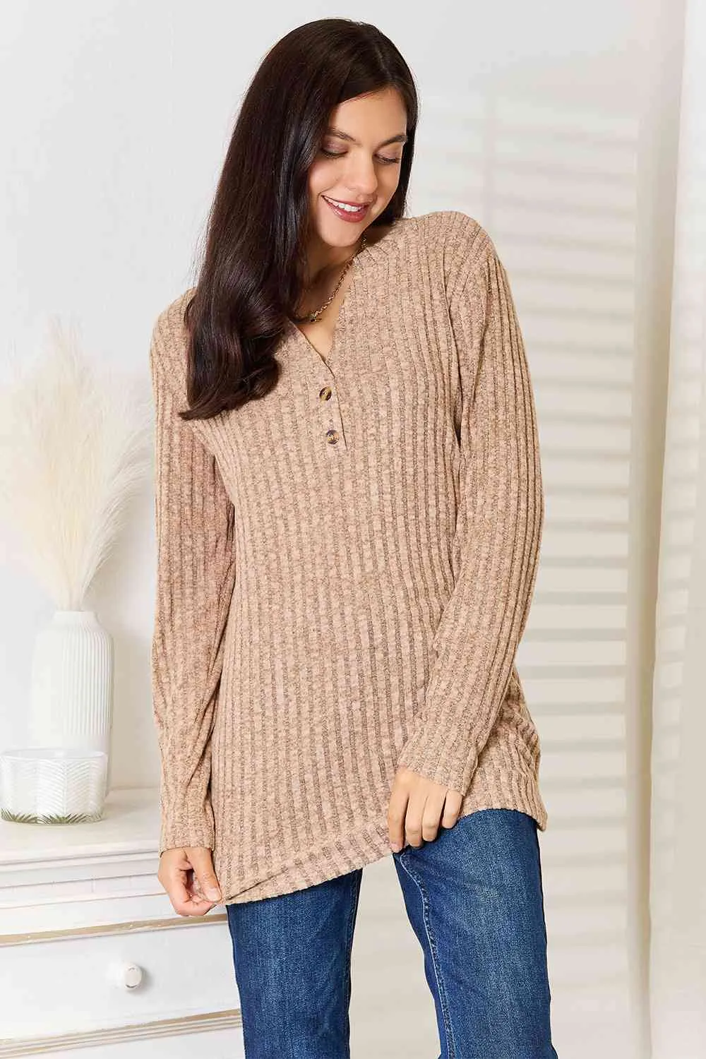 Double Take Notched Neck Ribbed Long Sleeve Top