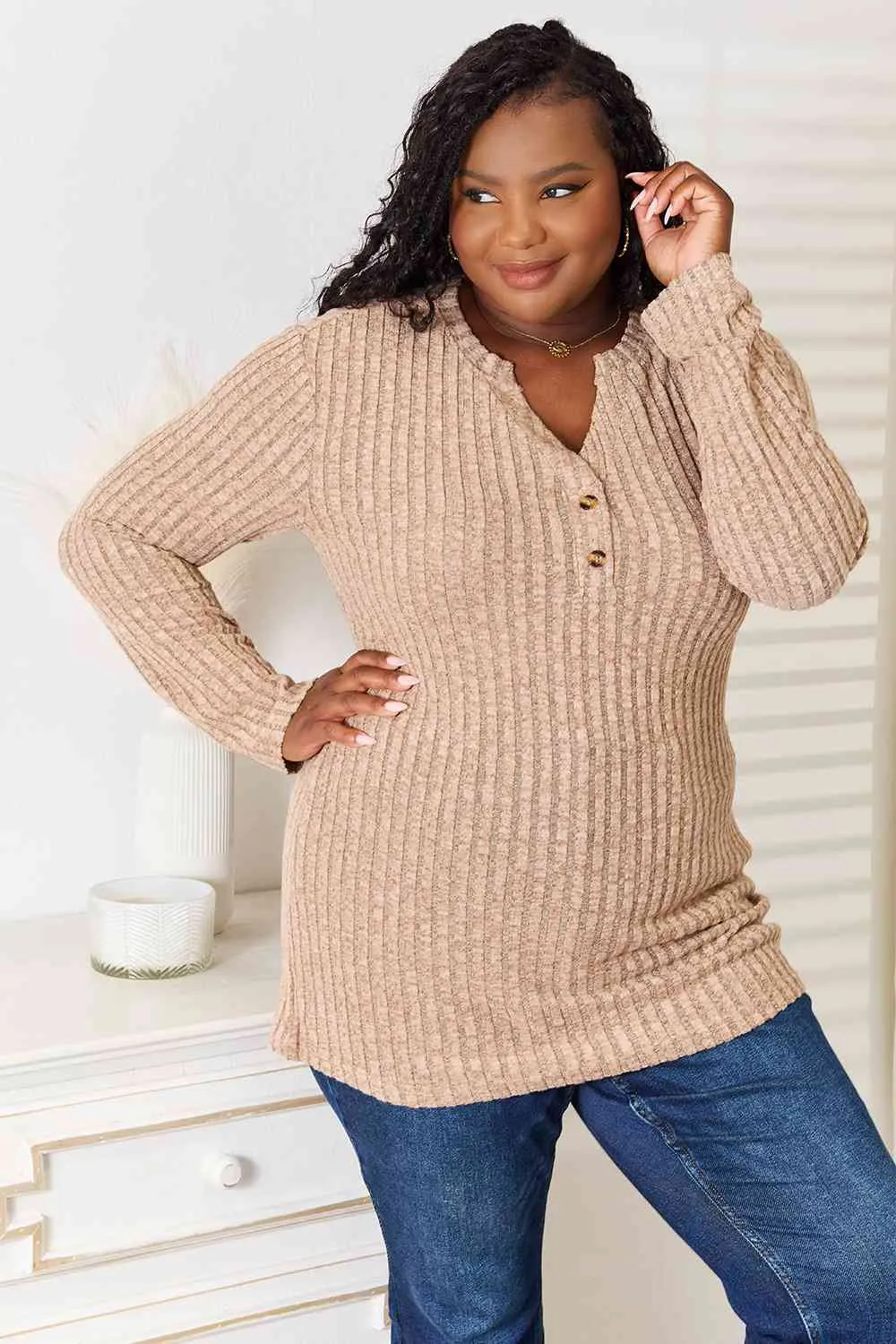 Double Take Notched Neck Ribbed Long Sleeve Top