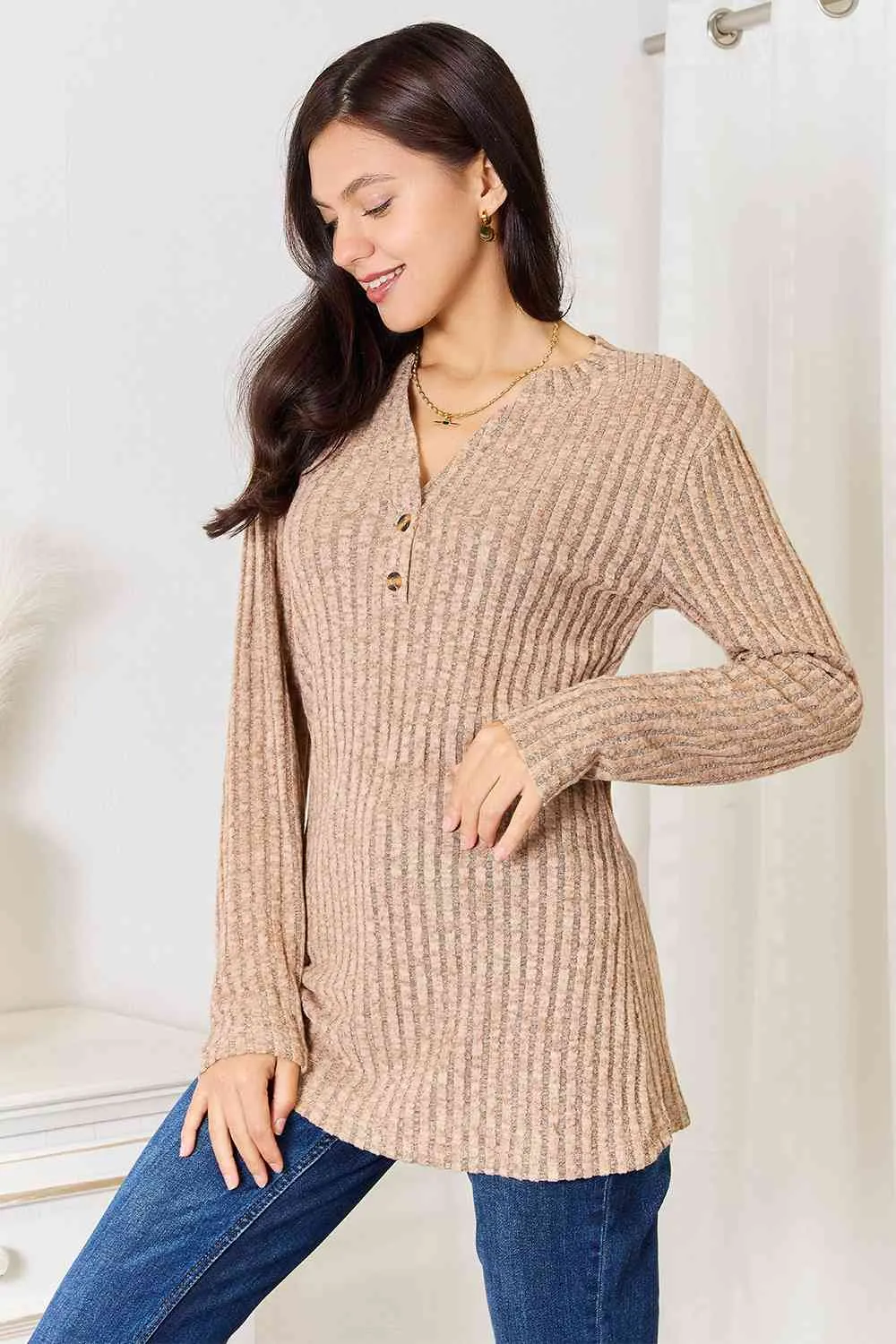 Double Take Notched Neck Ribbed Long Sleeve Top