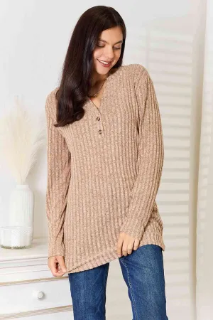 Double Take Notched Neck Ribbed Long Sleeve Top